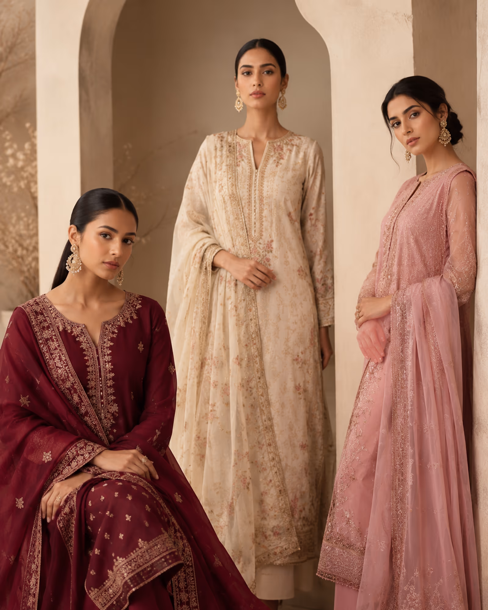 Maroon, ivory and dusty pink embroidered Indian suits with sheer dupattas — Fashion And Choice, Ottawa